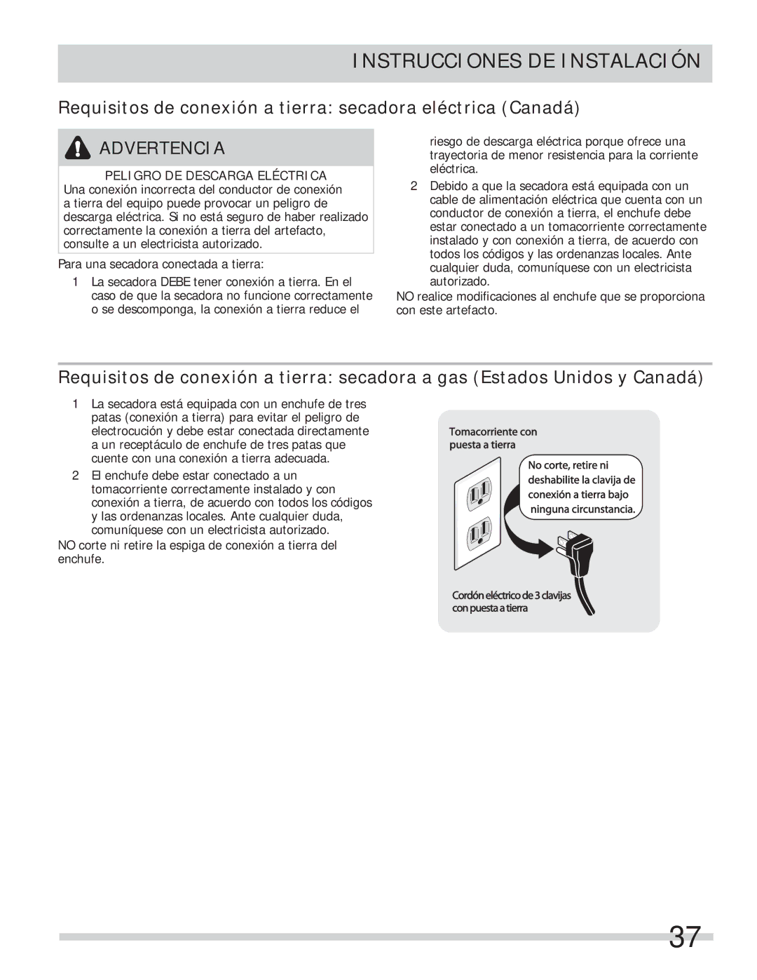 Frigidaire 137112200B important safety instructions Requisitos de conexión a tierra secadora eléctrica Canadá 