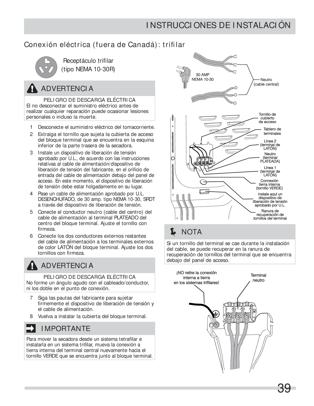 Frigidaire 137112200B important safety instructions Conexión eléctrica fuera de Canadá triﬁlar, Tornillo Verde 