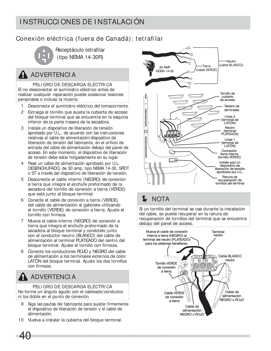 Frigidaire 137112200B important safety instructions Conexión eléctrica fuera de Canadá tetraﬁlar 