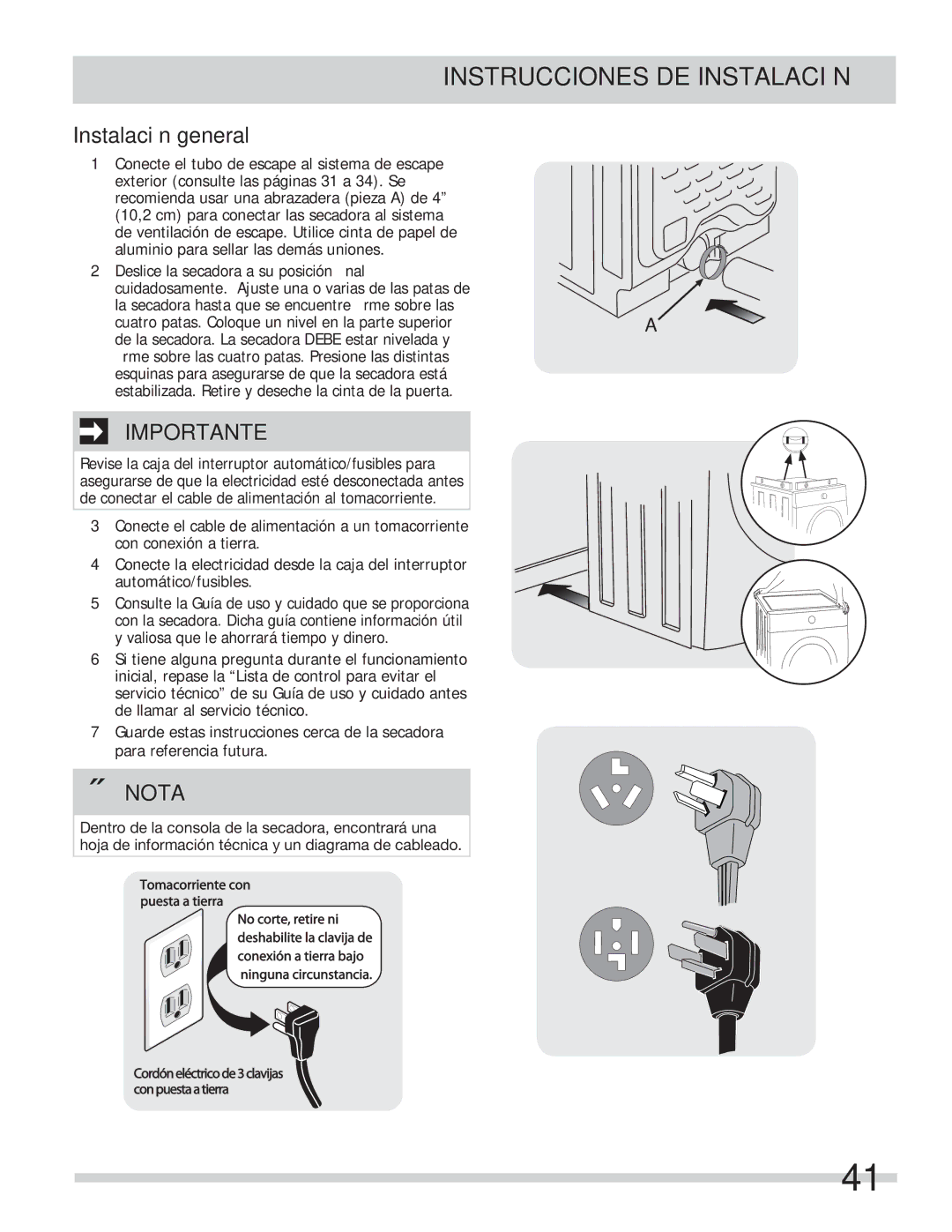 Frigidaire 137112200B important safety instructions Instalación general 