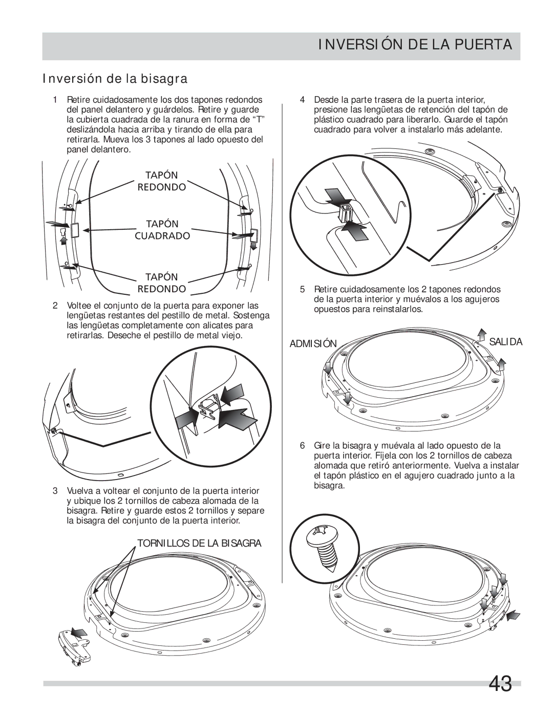 Frigidaire 137112200B important safety instructions Inversión de la bisagra, Tapón Redondo Cuadrado 