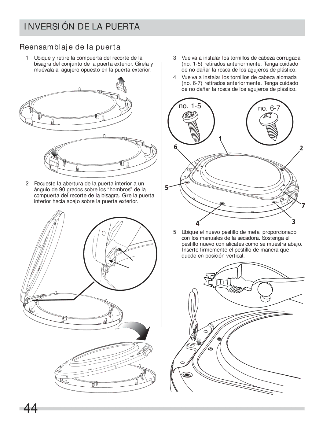 Frigidaire 137112200B important safety instructions Reensamblaje de la puerta 