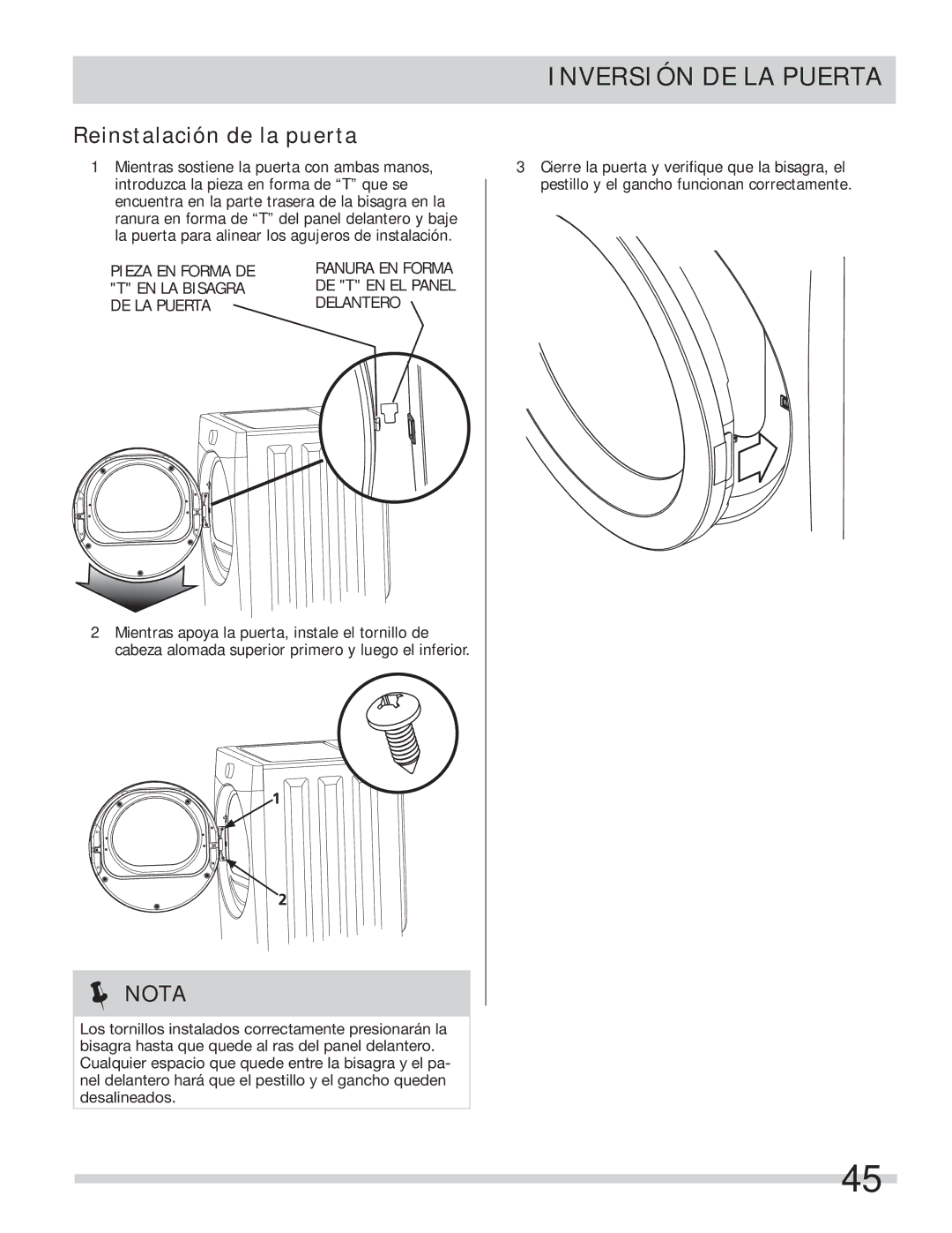 Frigidaire 137112200B important safety instructions Reinstalación de la puerta 