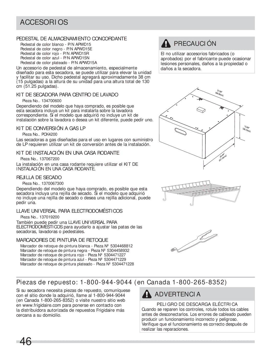 Frigidaire 137112200B important safety instructions Accesorios, Piezas de repuesto 1-800-944-9044 en Canada 