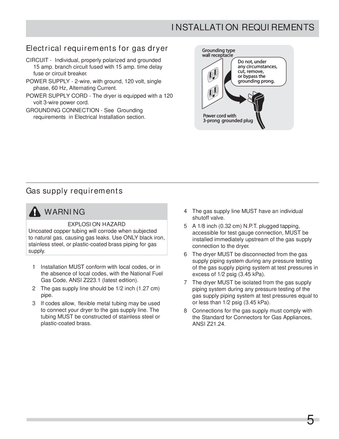 Frigidaire 137112200B important safety instructions Electrical requirements for gas dryer, Gas supply requirements 