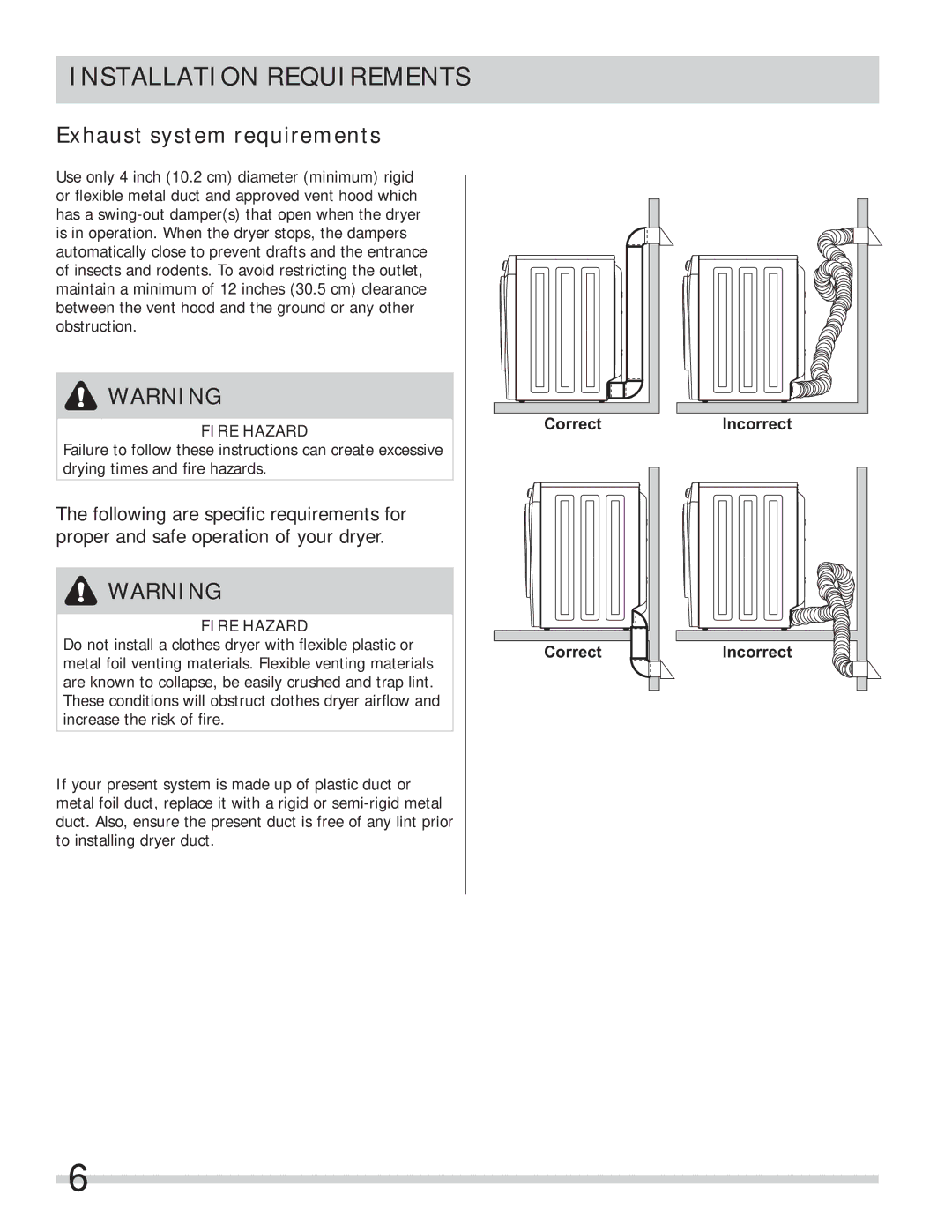 Frigidaire 137112200B important safety instructions Exhaust system requirements 