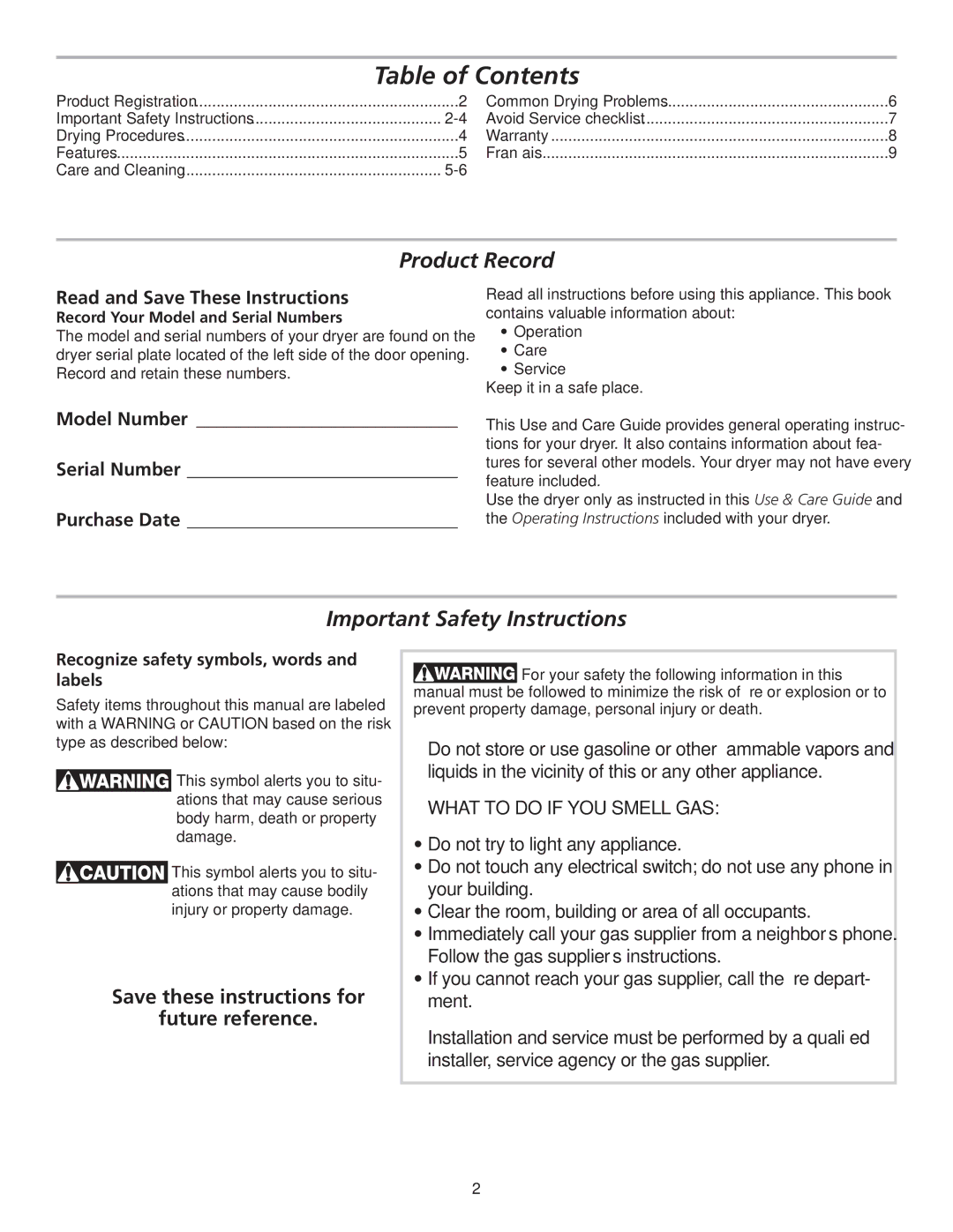 Frigidaire 137118000A manual Table of Contents 