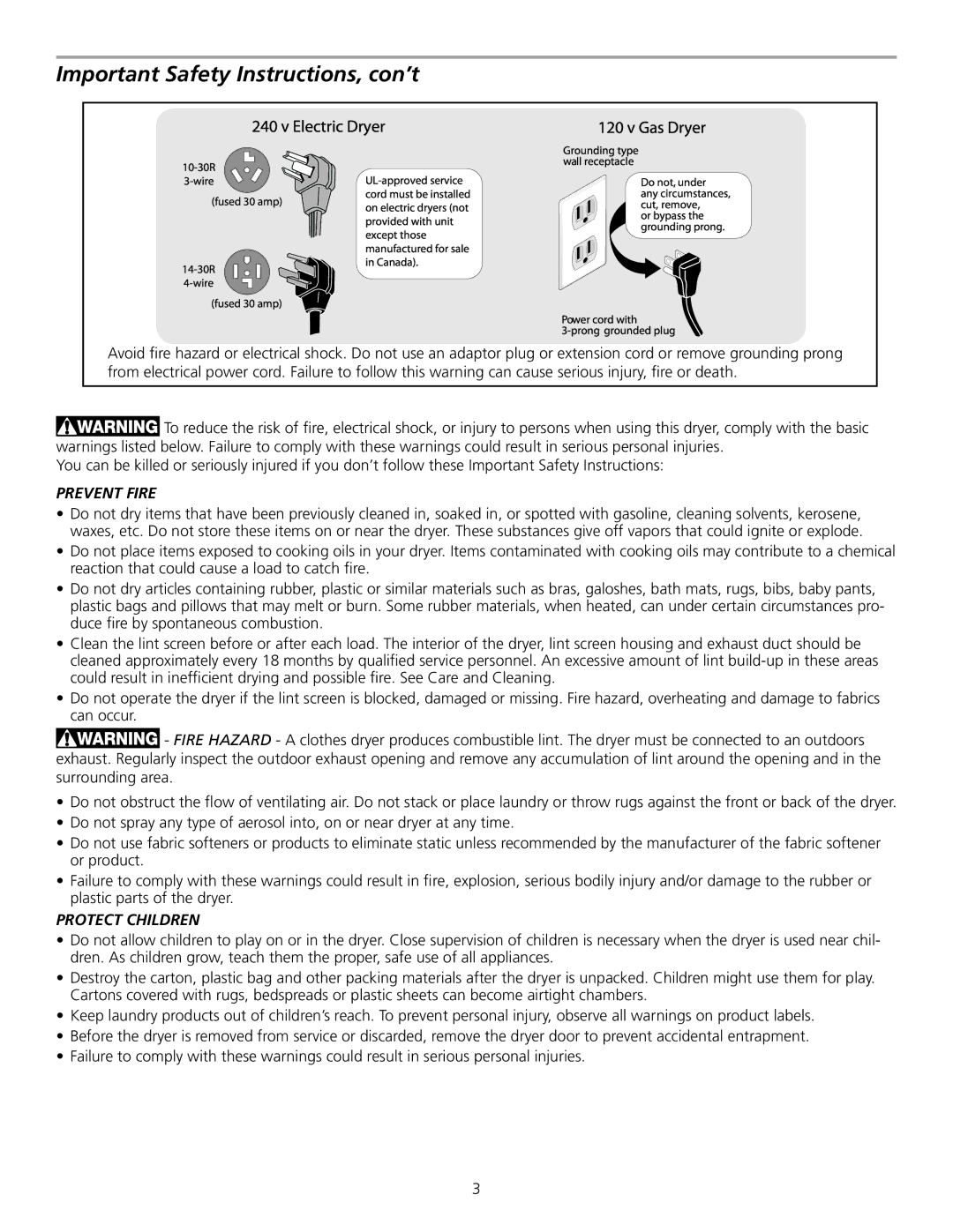 Frigidaire 137118000A manual Important Safety Instructions, con’t, Electric Dryer 