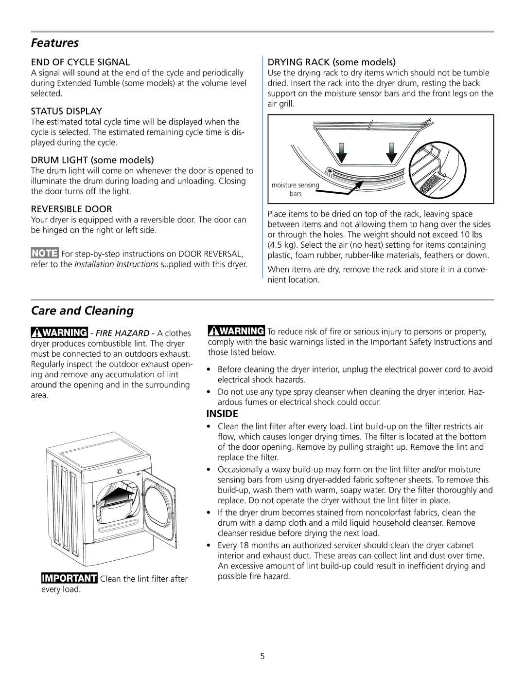 Frigidaire 137118000A manual Features, Care and Cleaning 