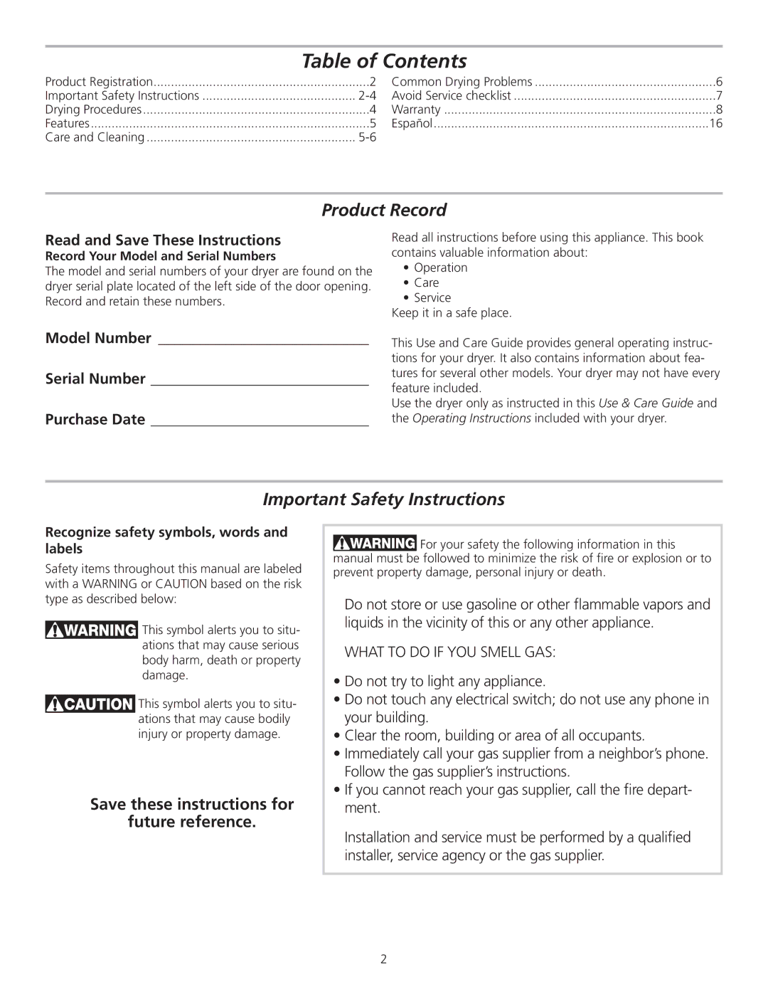 Frigidaire 137118100A, GLEQ2170KE manual Table of Contents 