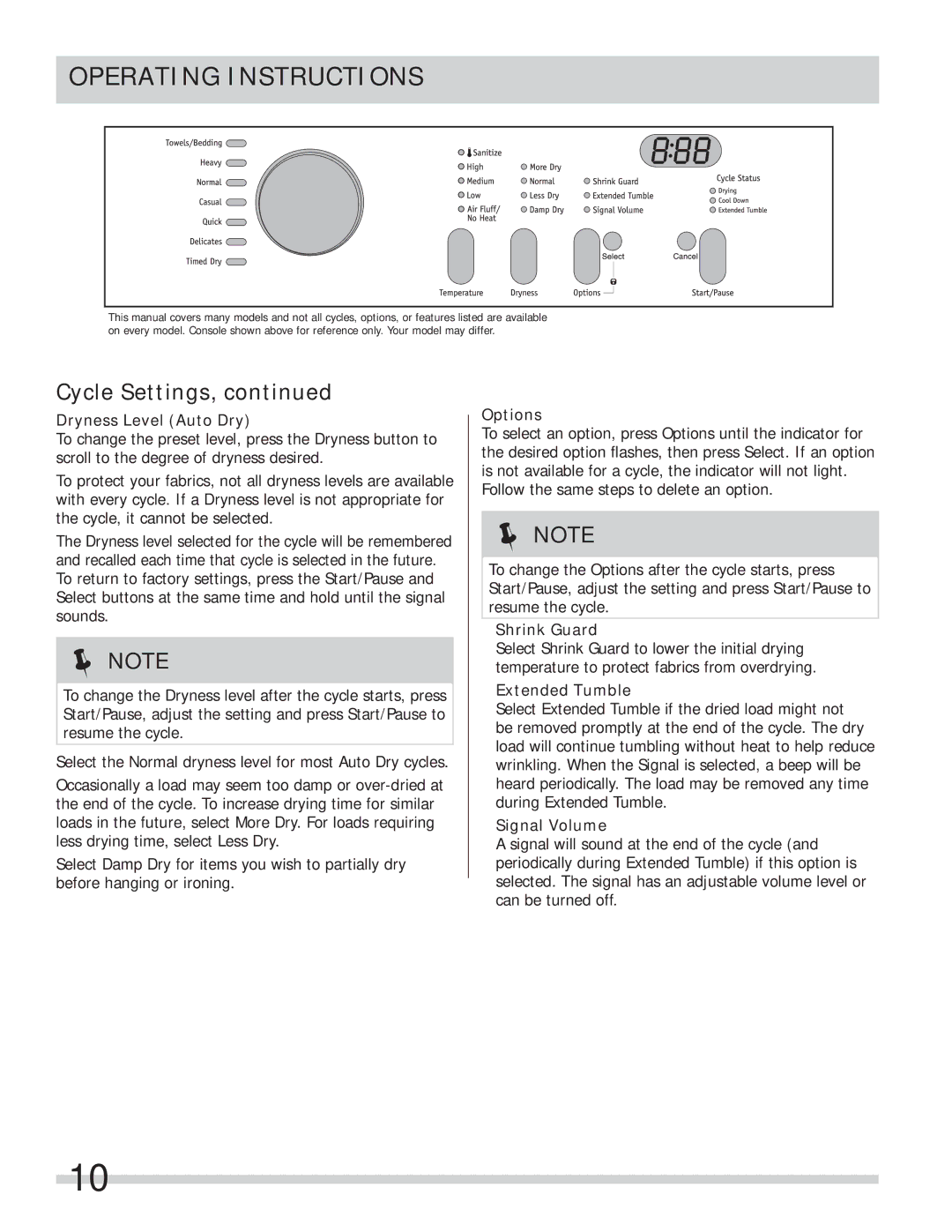 Frigidaire 137118600B Dryness Level Auto Dry, Options, Shrink Guard, Extended Tumble, Signal Volume 