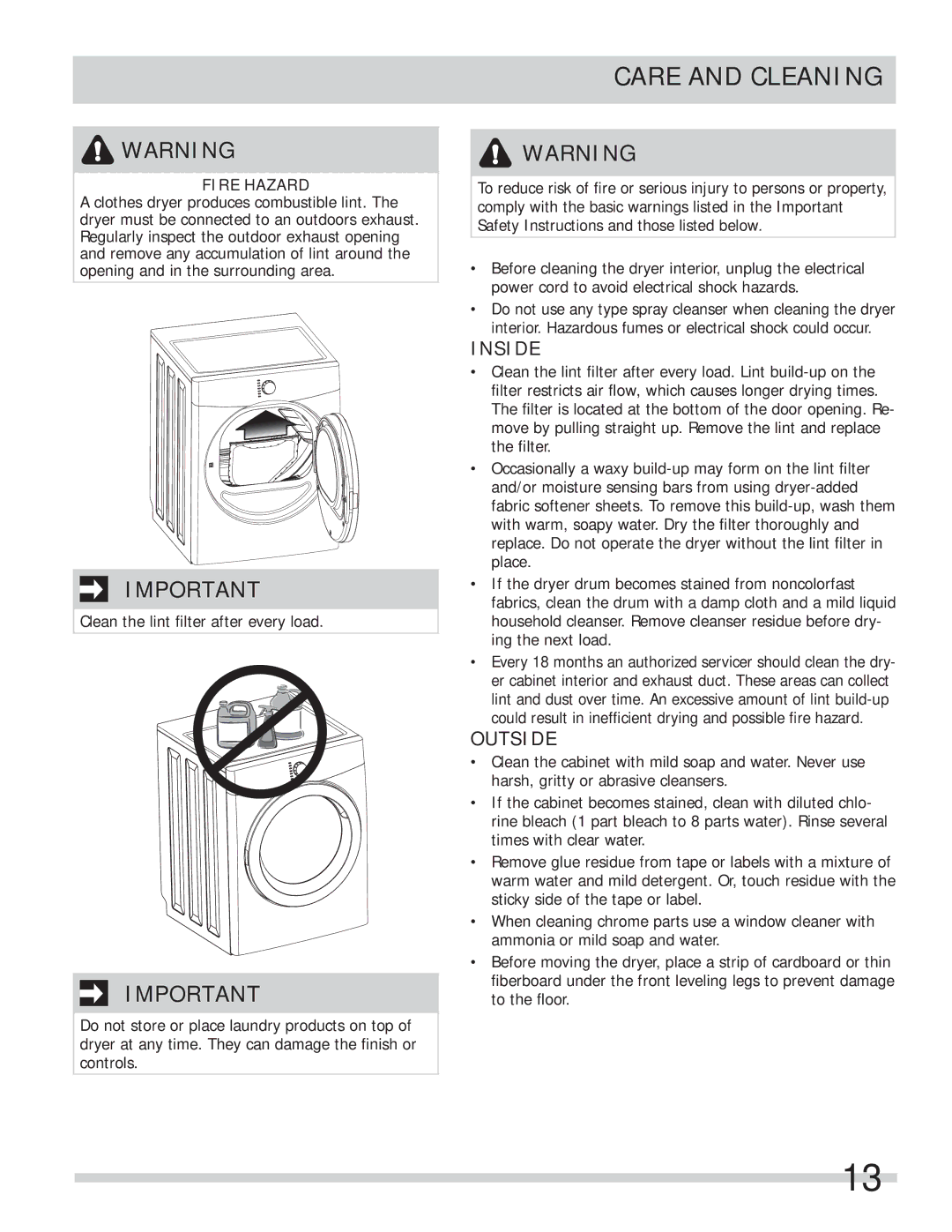 Frigidaire 137118600B important safety instructions Care and Cleaning, Inside 