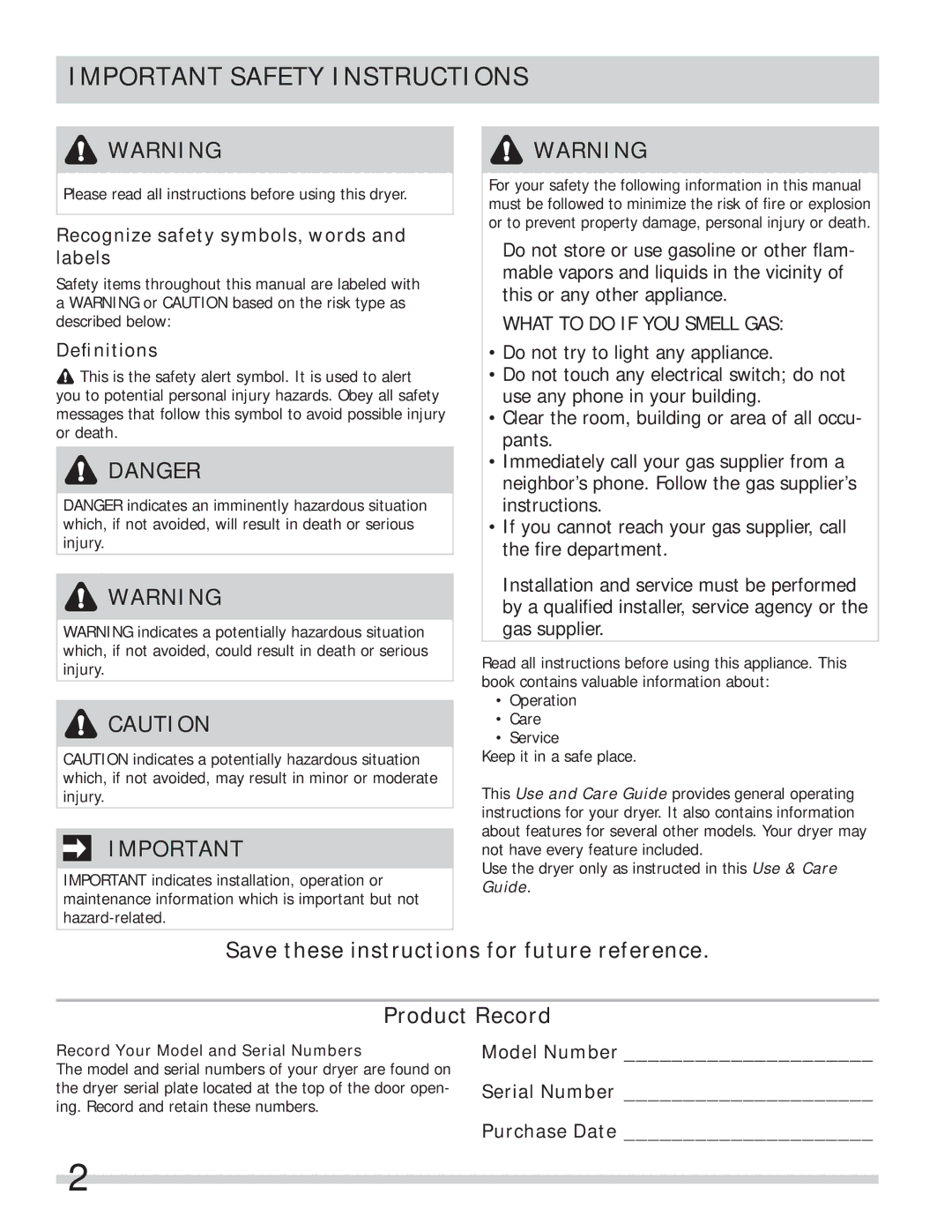 Frigidaire 137118600B Important Safety Instructions, Save these instructions for future reference Product Record 