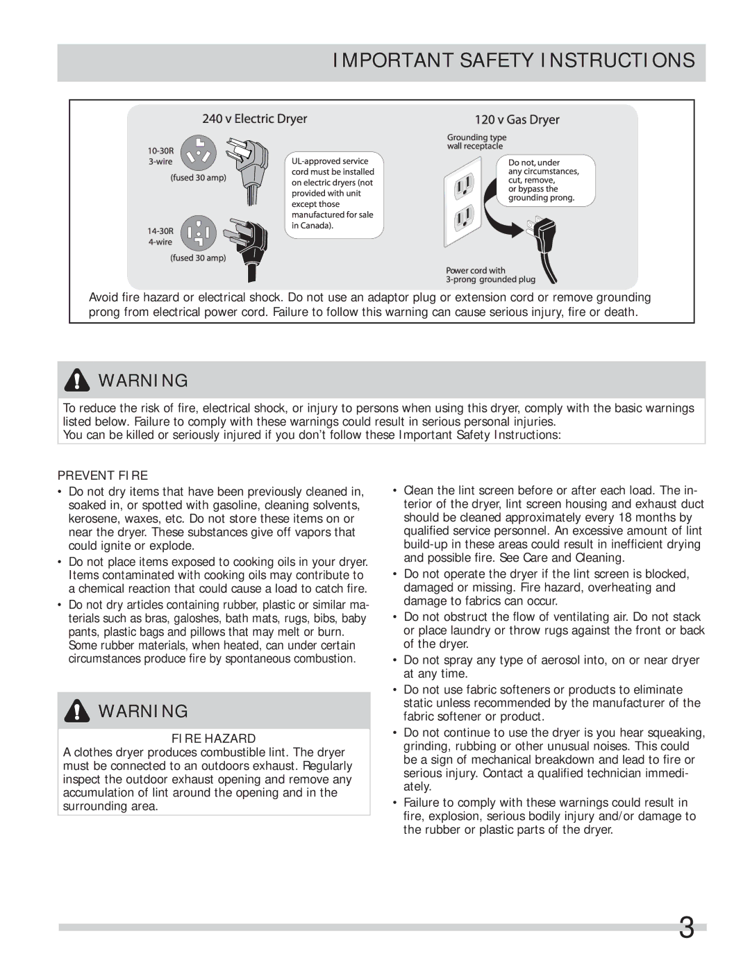 Frigidaire 137118600B important safety instructions Electric Dryer 