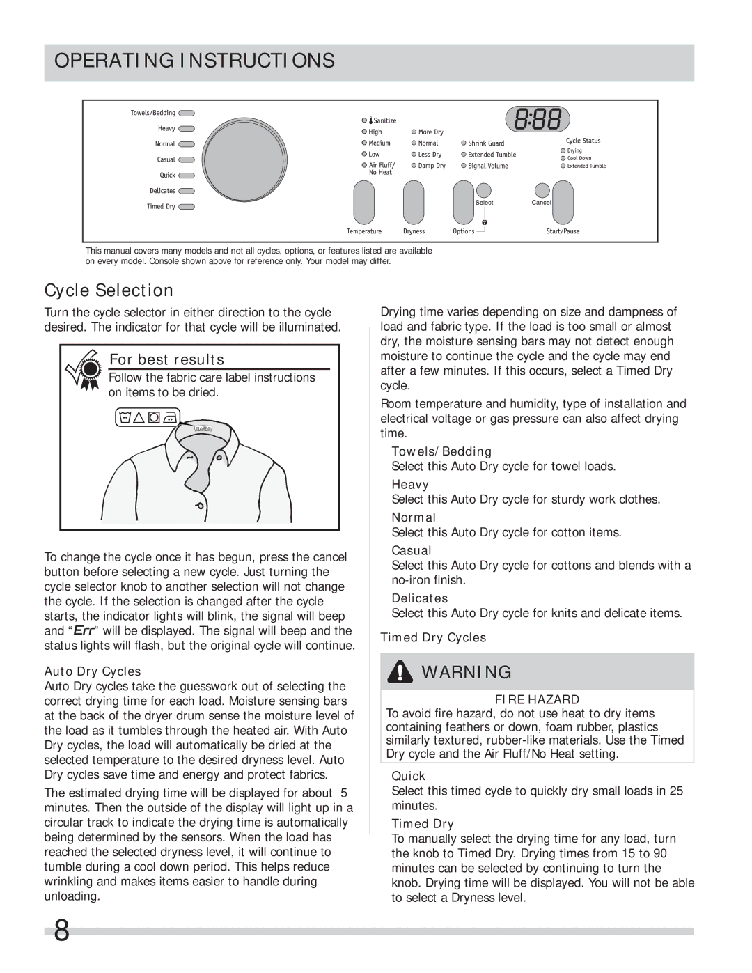 Frigidaire 137118600B important safety instructions Cycle Selection 