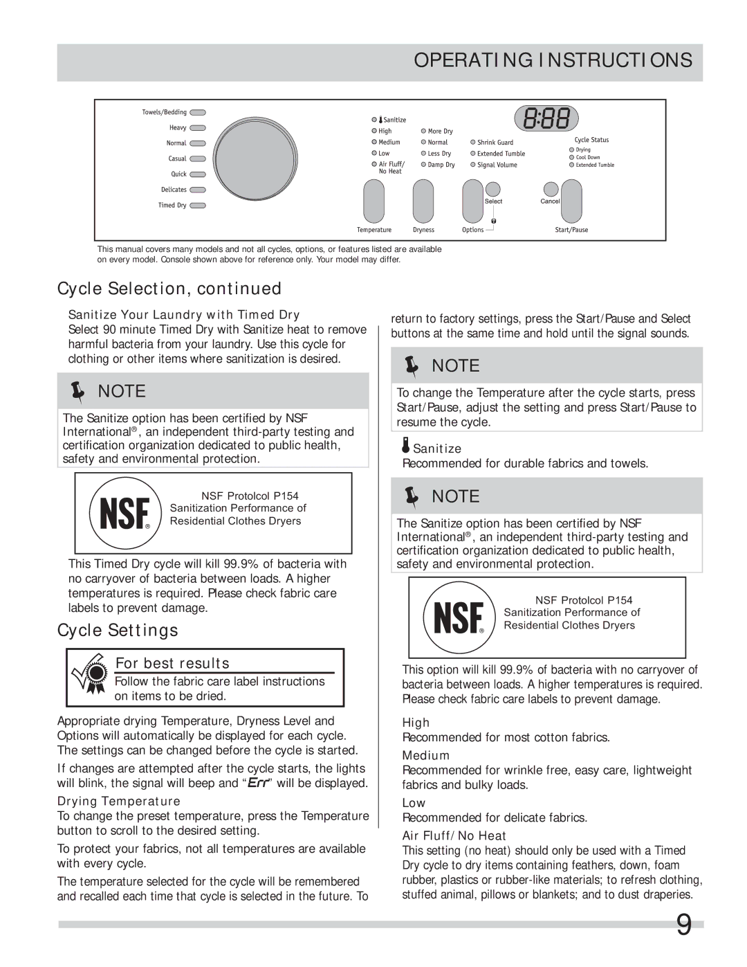 Frigidaire 137118600B important safety instructions Cycle Settings 