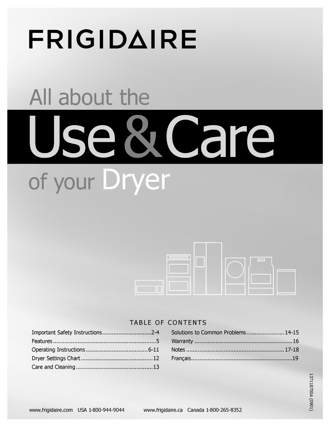 Frigidaire 137118700A important safety instructions Use &Care 