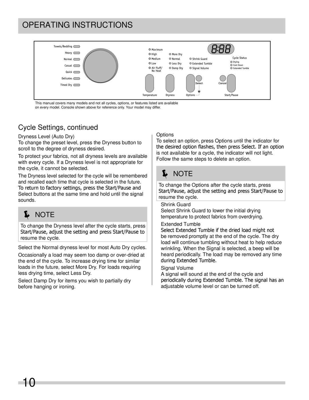 Frigidaire 137118700A Dryness Level Auto Dry, Options, Shrink Guard, Extended Tumble, Signal Volume 