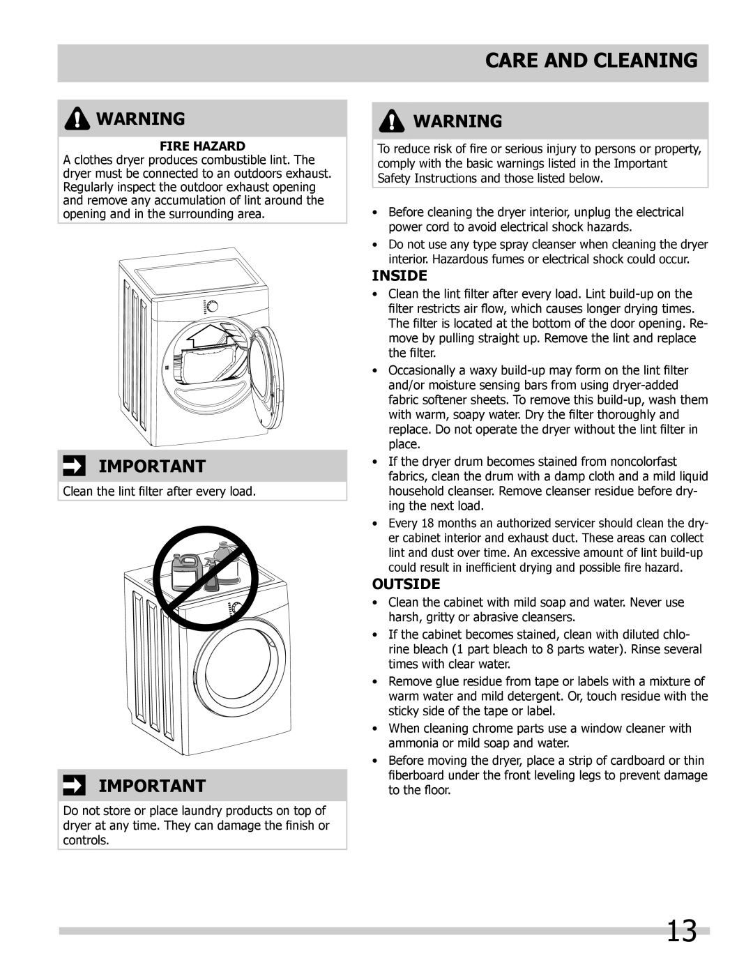 Frigidaire 137118700A important safety instructions Care and Cleaning, Inside 