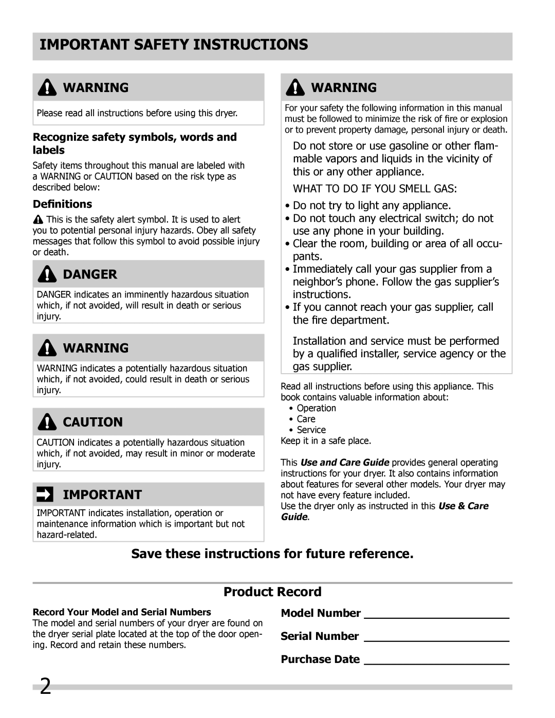 Frigidaire 137118700A Important Safety Instructions, Save these instructions for future reference Product Record 