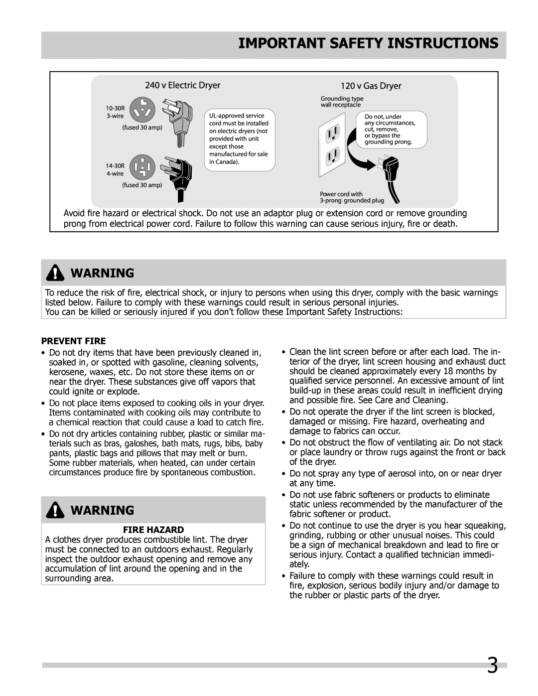 Frigidaire 137118700A important safety instructions Electric Dryer 