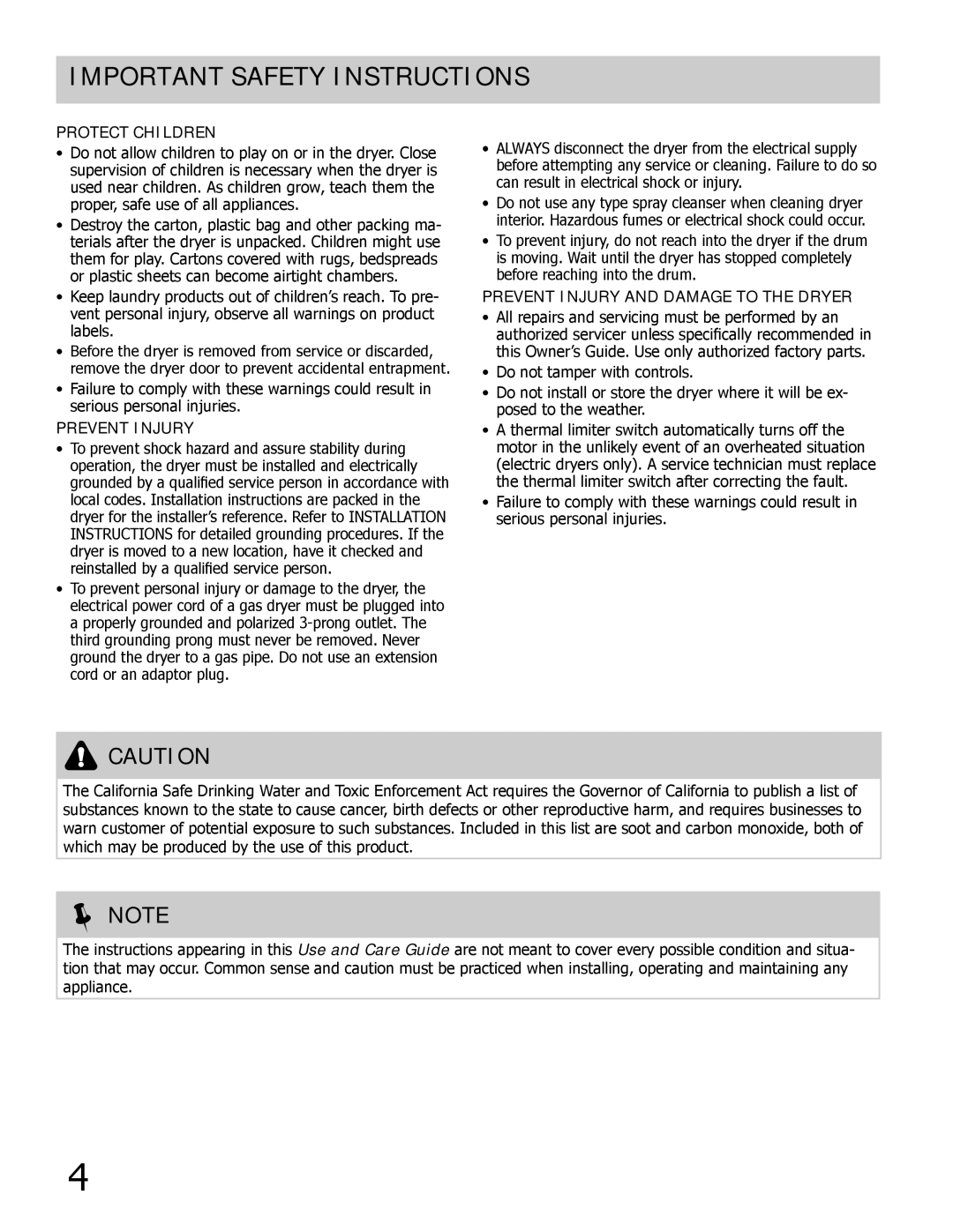 Frigidaire 137118700A important safety instructions  Note 