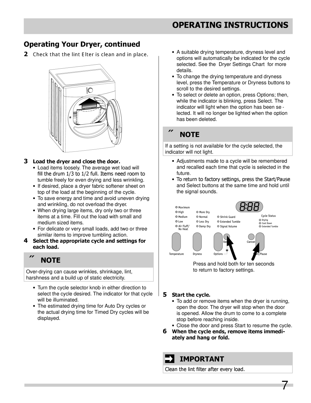 Frigidaire 137118700A Select the appropriate cycle and settings for each load, Start the cycle 