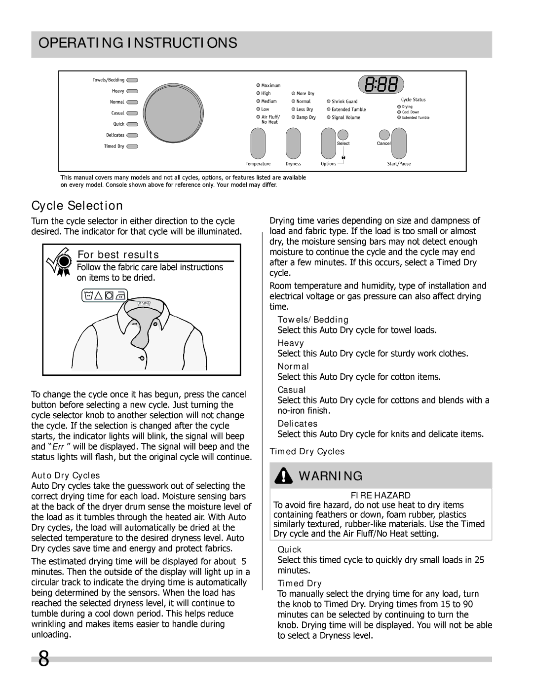 Frigidaire 137118700A important safety instructions Cycle Selection 