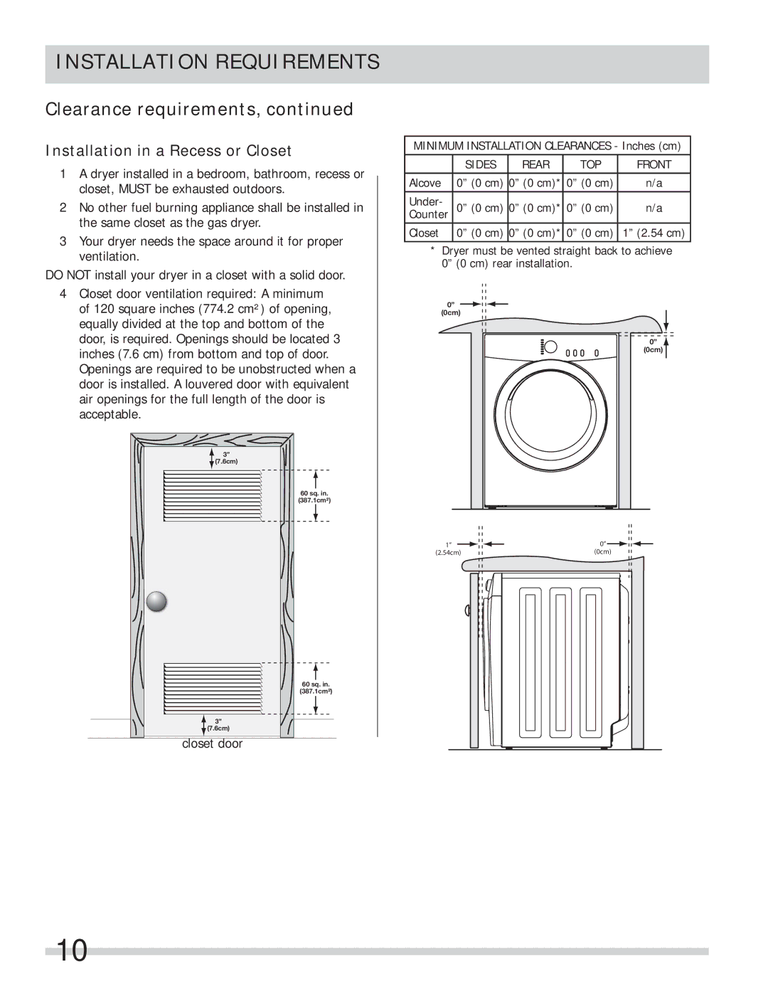 Frigidaire 137134900B important safety instructions Installation in a Recess or Closet 