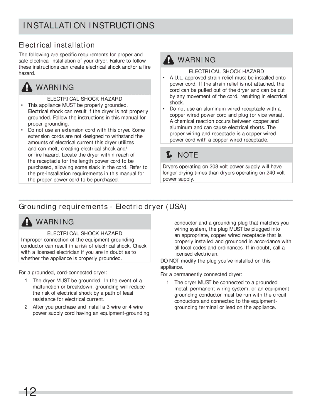 Frigidaire 137134900B Installation Instructions, Electrical installation, Grounding requirements Electric dryer USA 