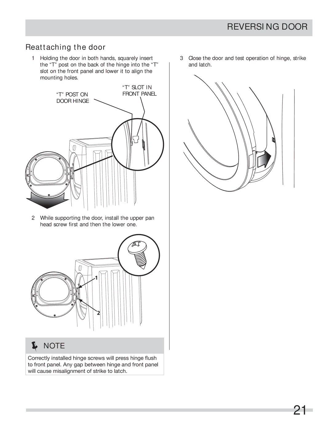 Frigidaire 137134900B important safety instructions Reattaching the door, Slot Post Onfront Panel Door Hinge 