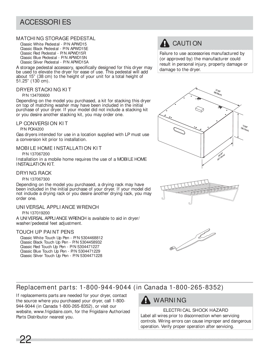 Frigidaire 137134900B important safety instructions Accessories, Replacement parts 1-800-944-9044 in Canada 