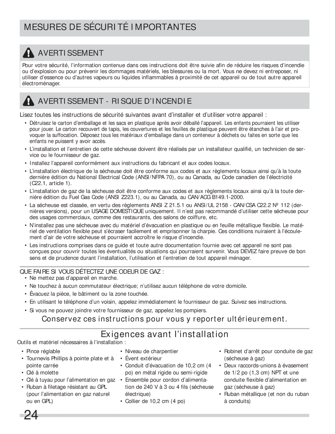 Frigidaire 137134900B important safety instructions Mesures DE Sécurité Importantes, Avertissement 