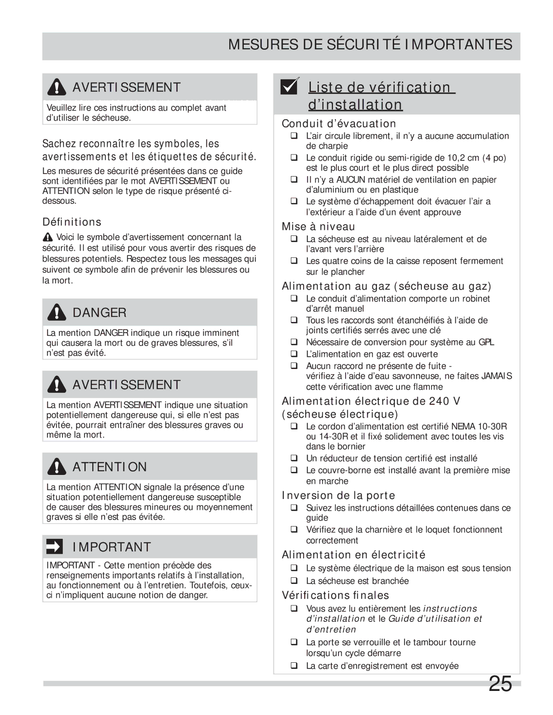 Frigidaire 137134900B important safety instructions Liste de vériﬁcation d’installation 