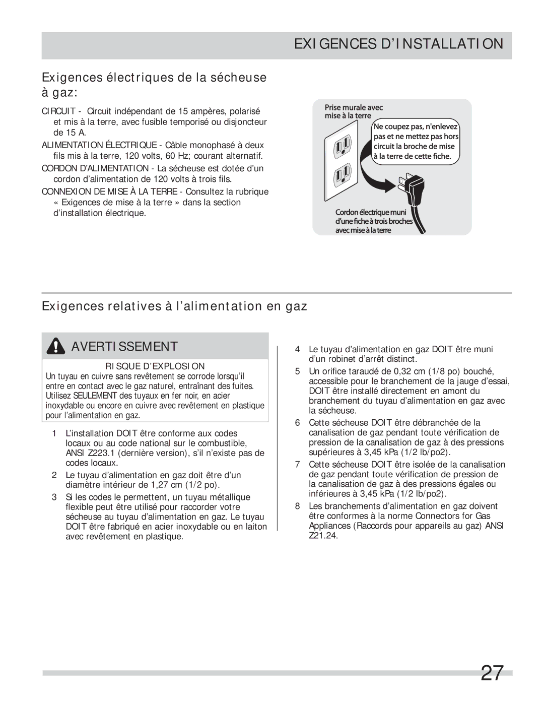 Frigidaire 137134900B Exigences électriques de la sécheuse à gaz, Exigences relatives à l’alimentation en gaz 