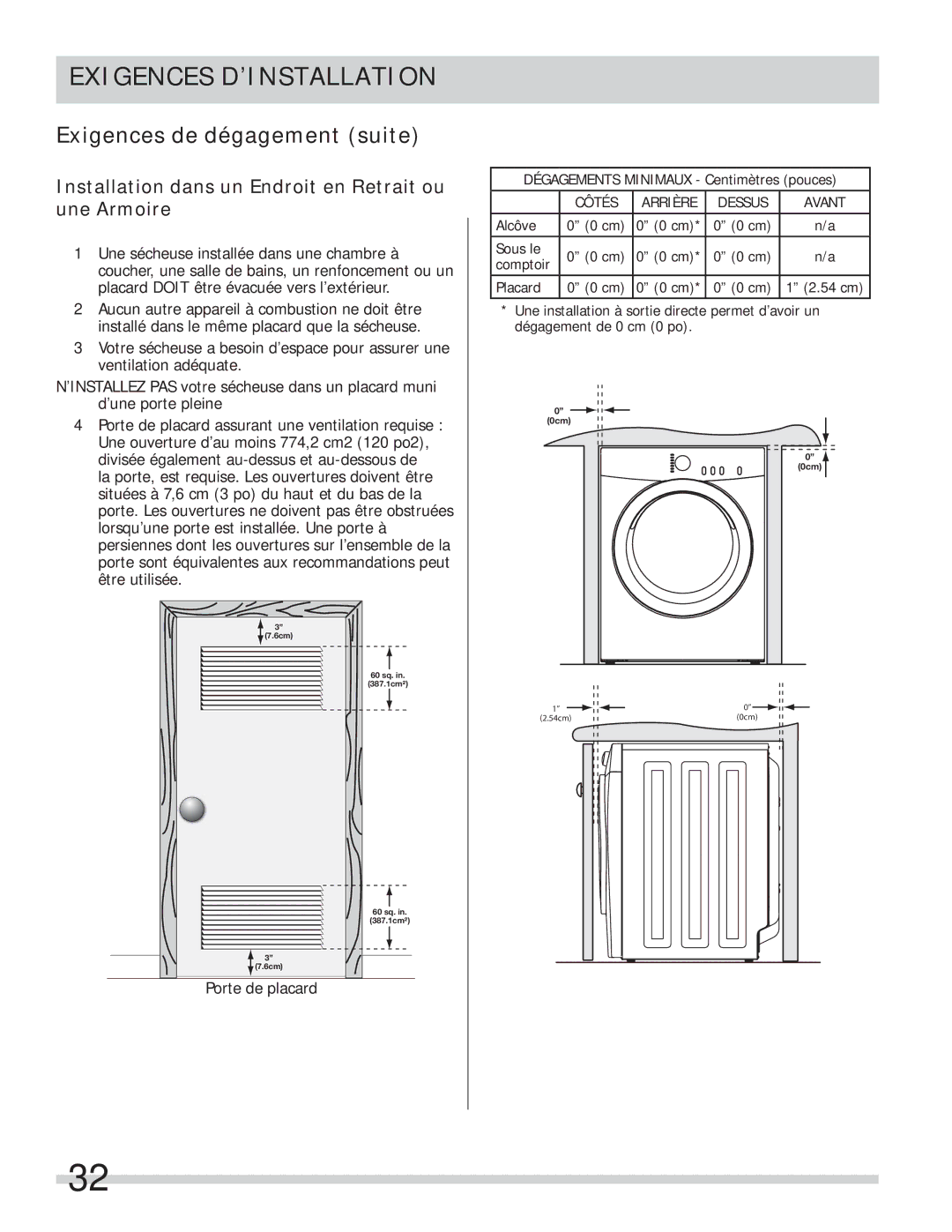 Frigidaire 137134900B Exigences de dégagement suite, Installation dans un Endroit en Retrait ou une Armoire 