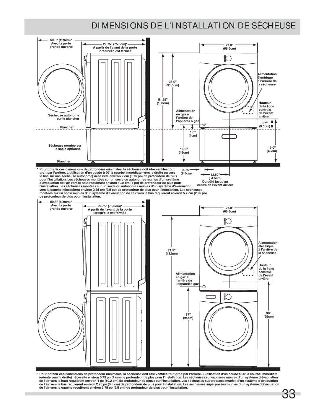 Frigidaire 137134900B important safety instructions Dimensions DE L’INSTALLATION DE Sécheuse 