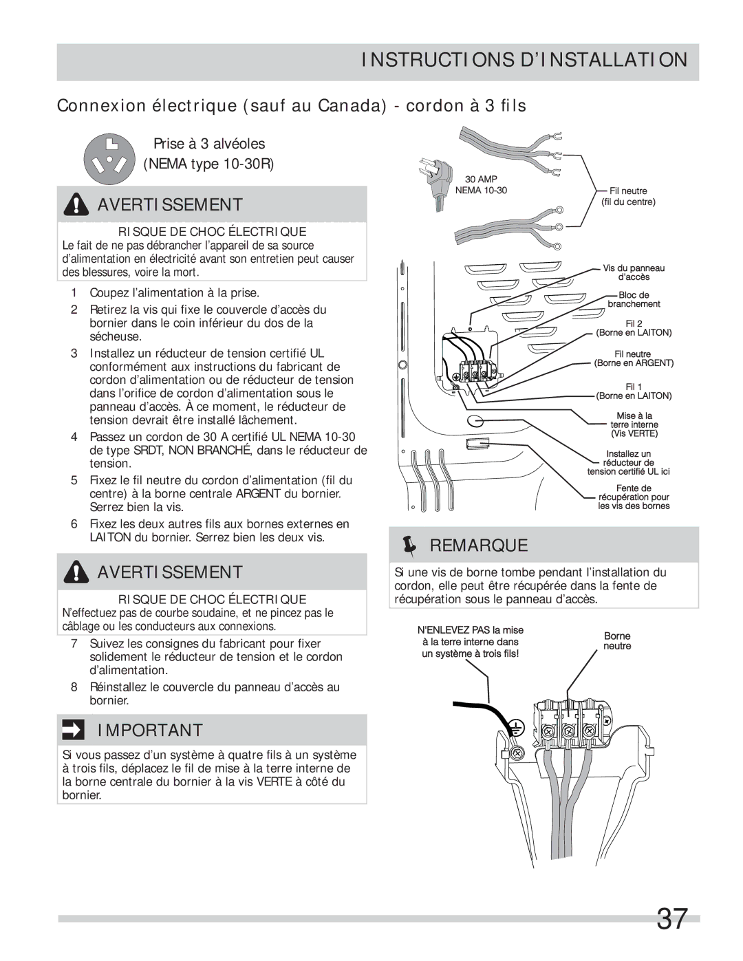 Frigidaire 137134900B important safety instructions Connexion électrique sauf au Canada cordon à 3 ﬁls 