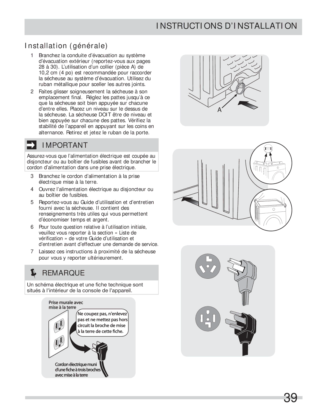 Frigidaire 137134900B important safety instructions Installation générale 