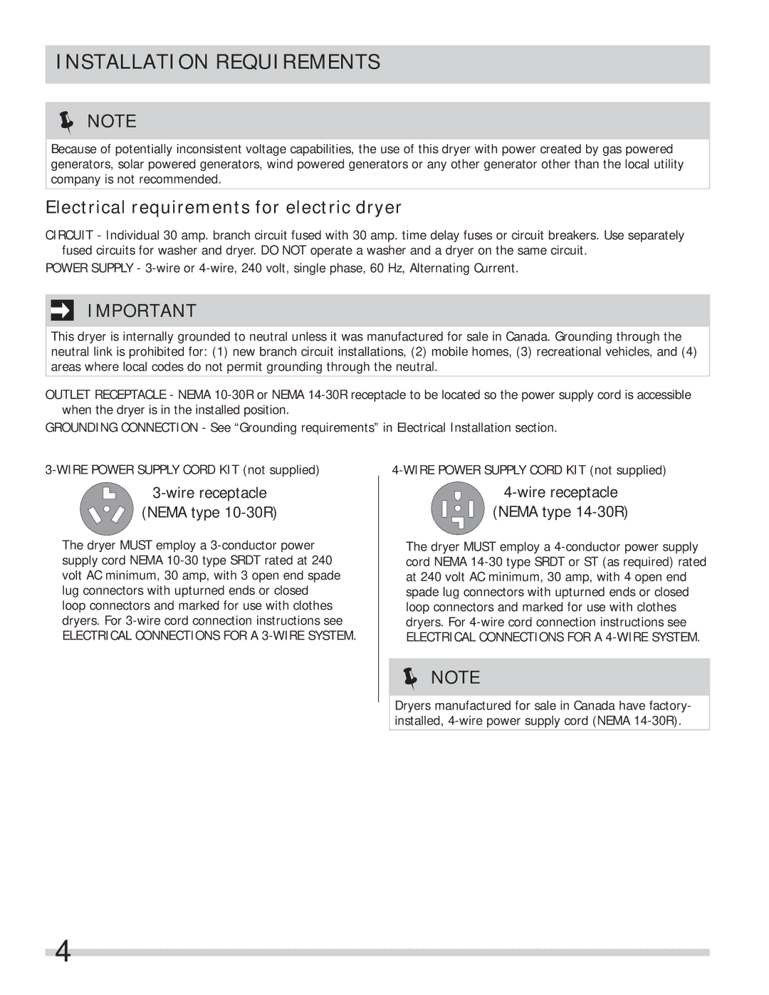 Frigidaire 137134900B important safety instructions Installation Requirements, Electrical requirements for electric dryer 