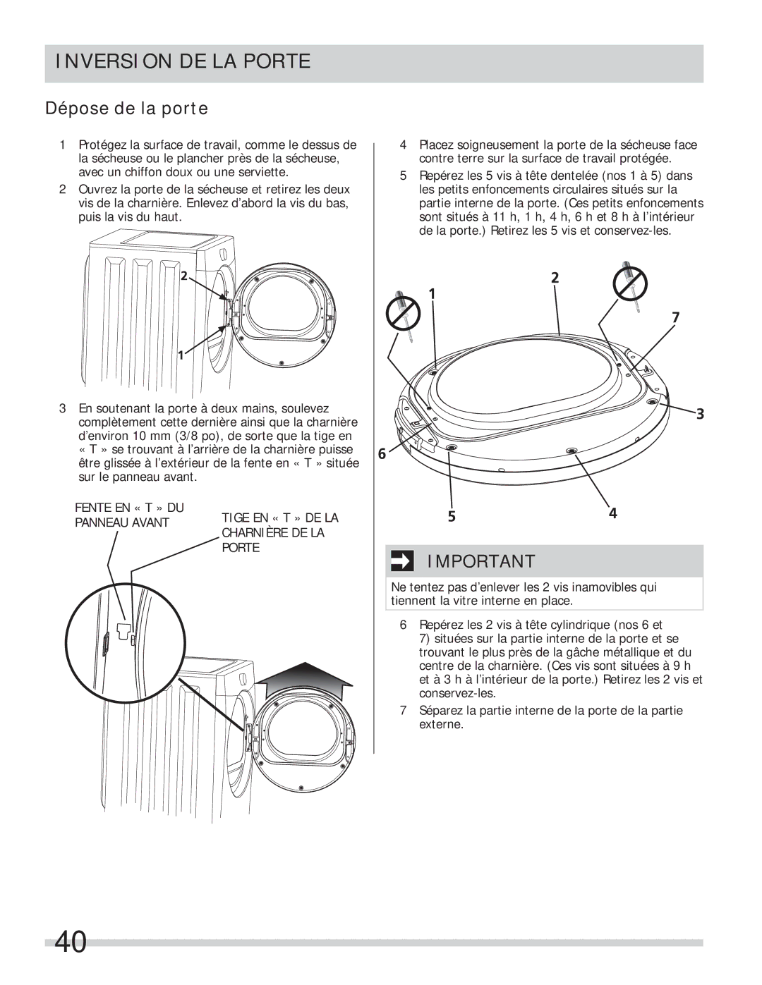 Frigidaire 137134900B important safety instructions Inversion DE LA Porte, Dépose de la porte 