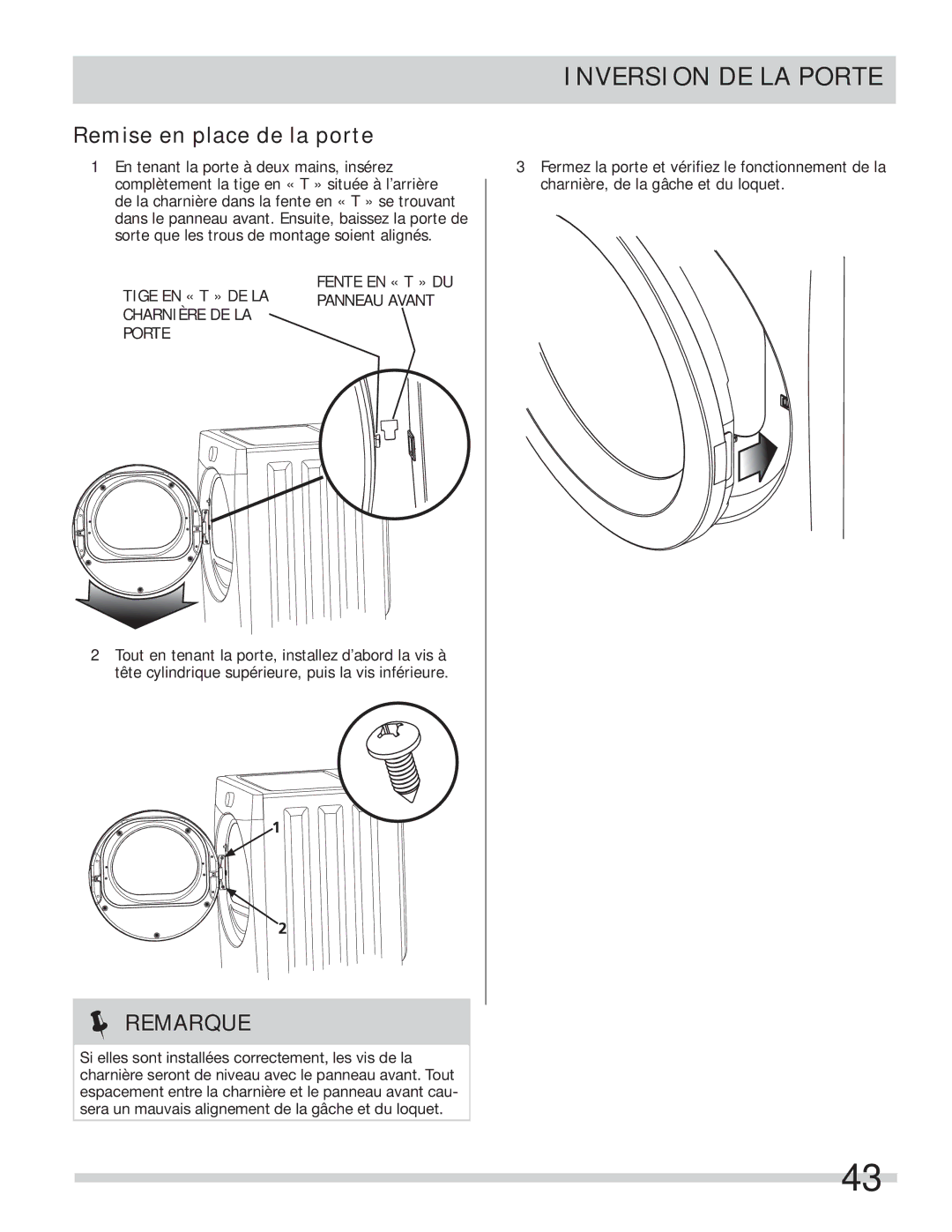 Frigidaire 137134900B important safety instructions Remise en place de la porte 