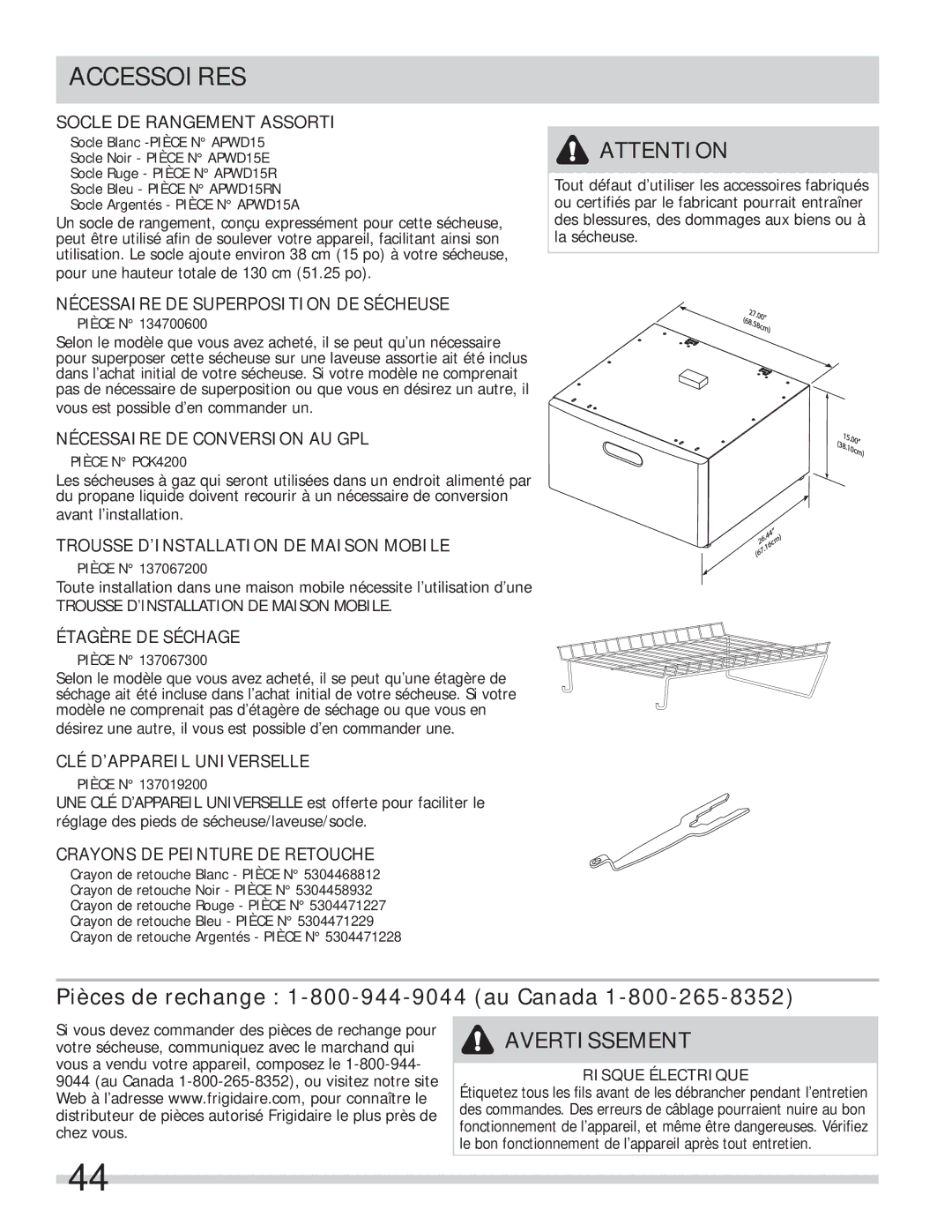 Frigidaire 137134900B Accessoires, Pièces de rechange 1-800-944-9044 au Canada, Risque Électrique 