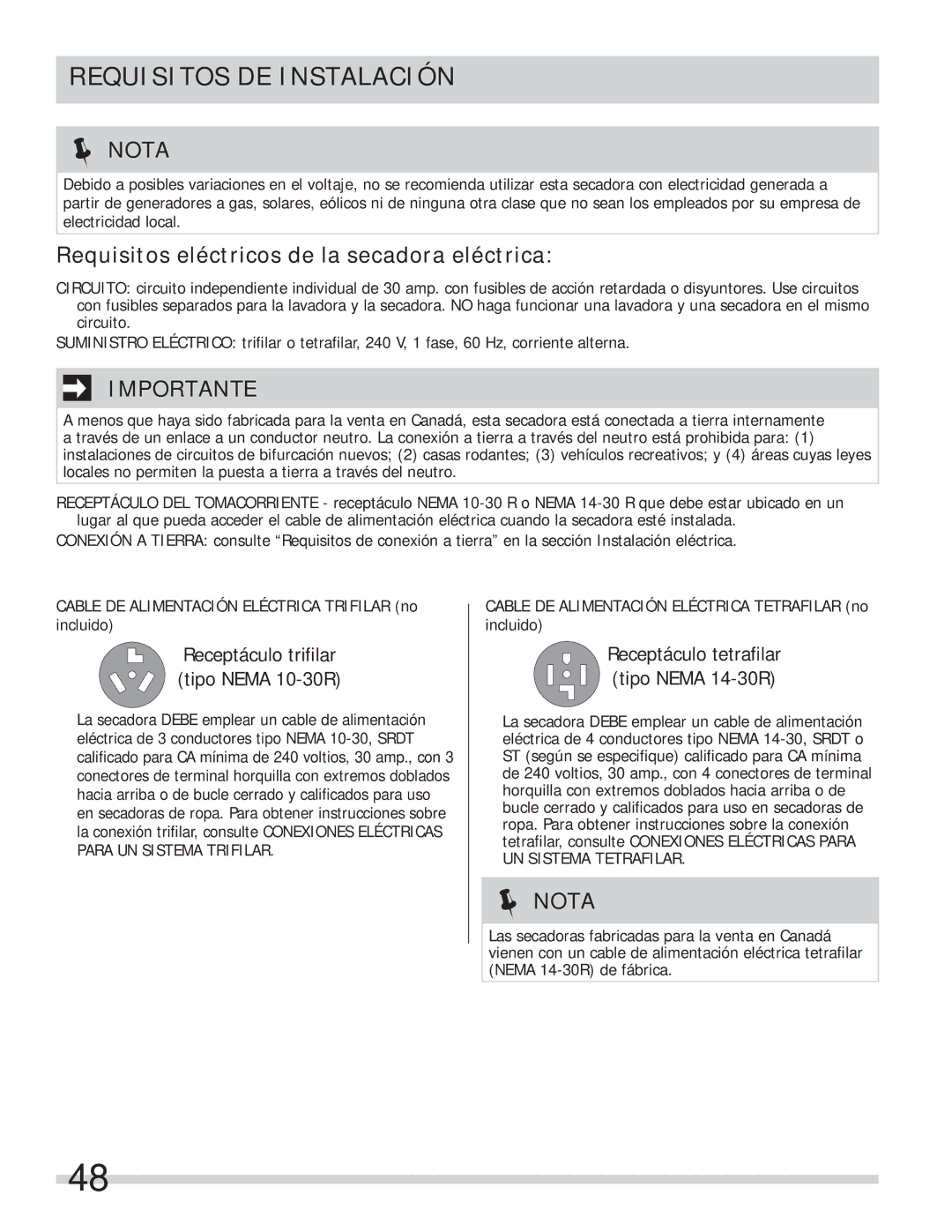 Frigidaire 137134900B Requisitos DE Instalación, Requisitos eléctricos de la secadora eléctrica 