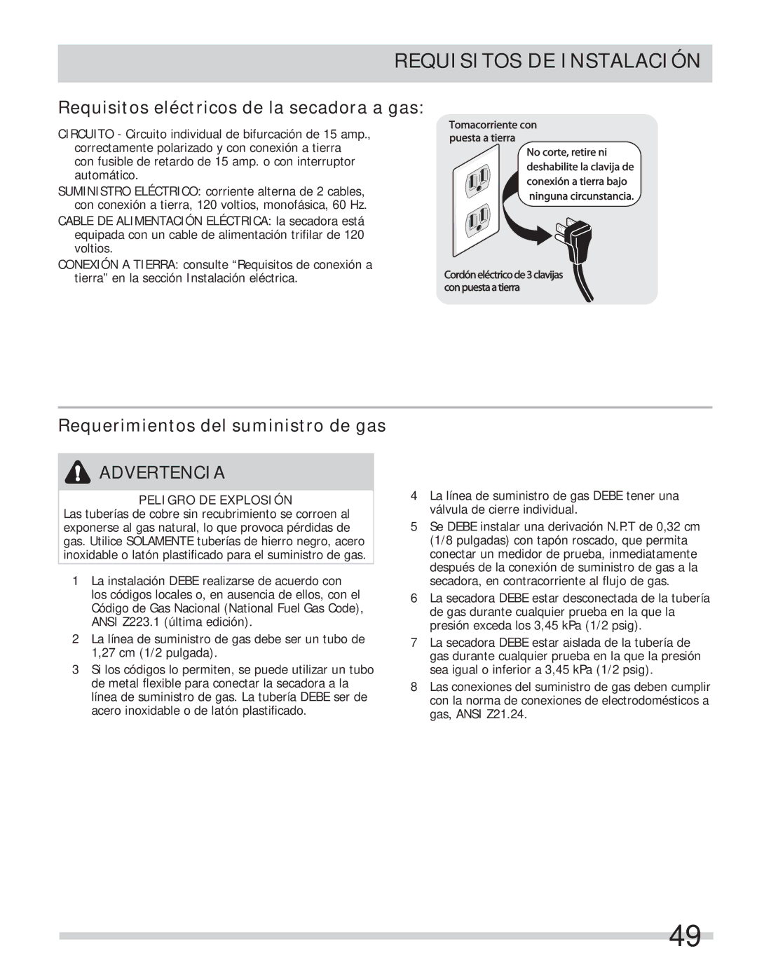 Frigidaire 137134900B Requisitos eléctricos de la secadora a gas, Requerimientos del suministro de gas 