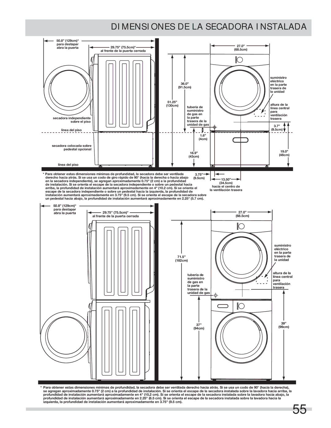 Frigidaire 137134900B important safety instructions Dimensiones DE LA Secadora Instalada 