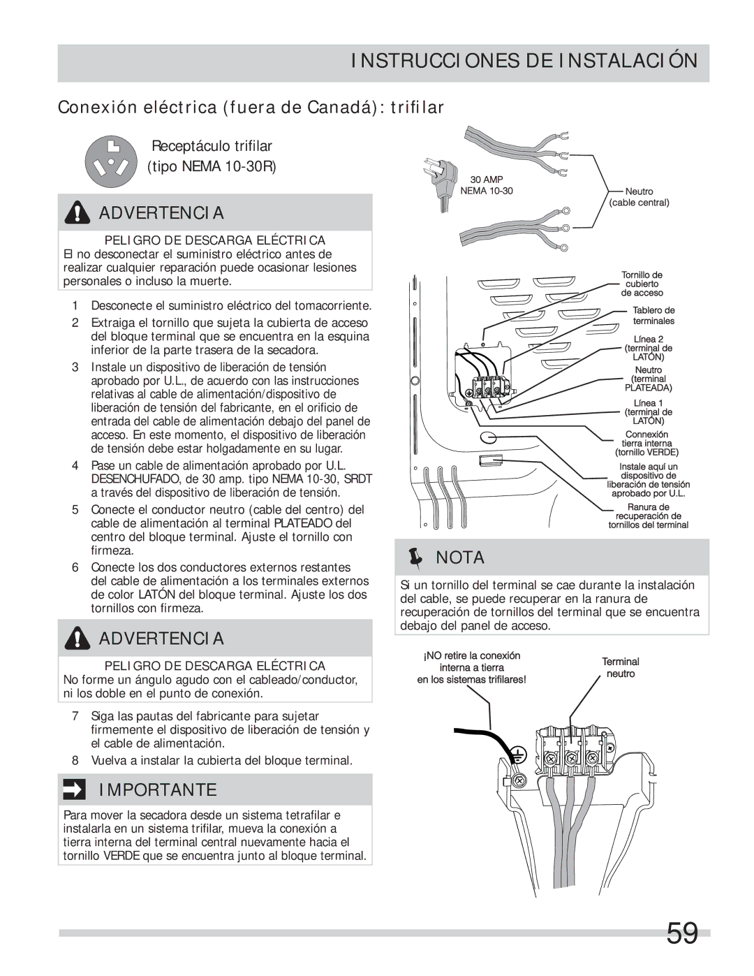 Frigidaire 137134900B important safety instructions Conexión eléctrica fuera de Canadá triﬁlar, Tornillo Verde 