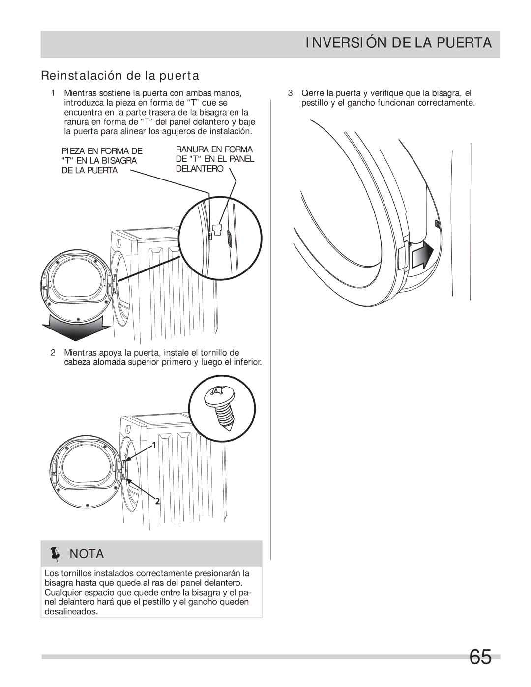 Frigidaire 137134900B important safety instructions Reinstalación de la puerta 