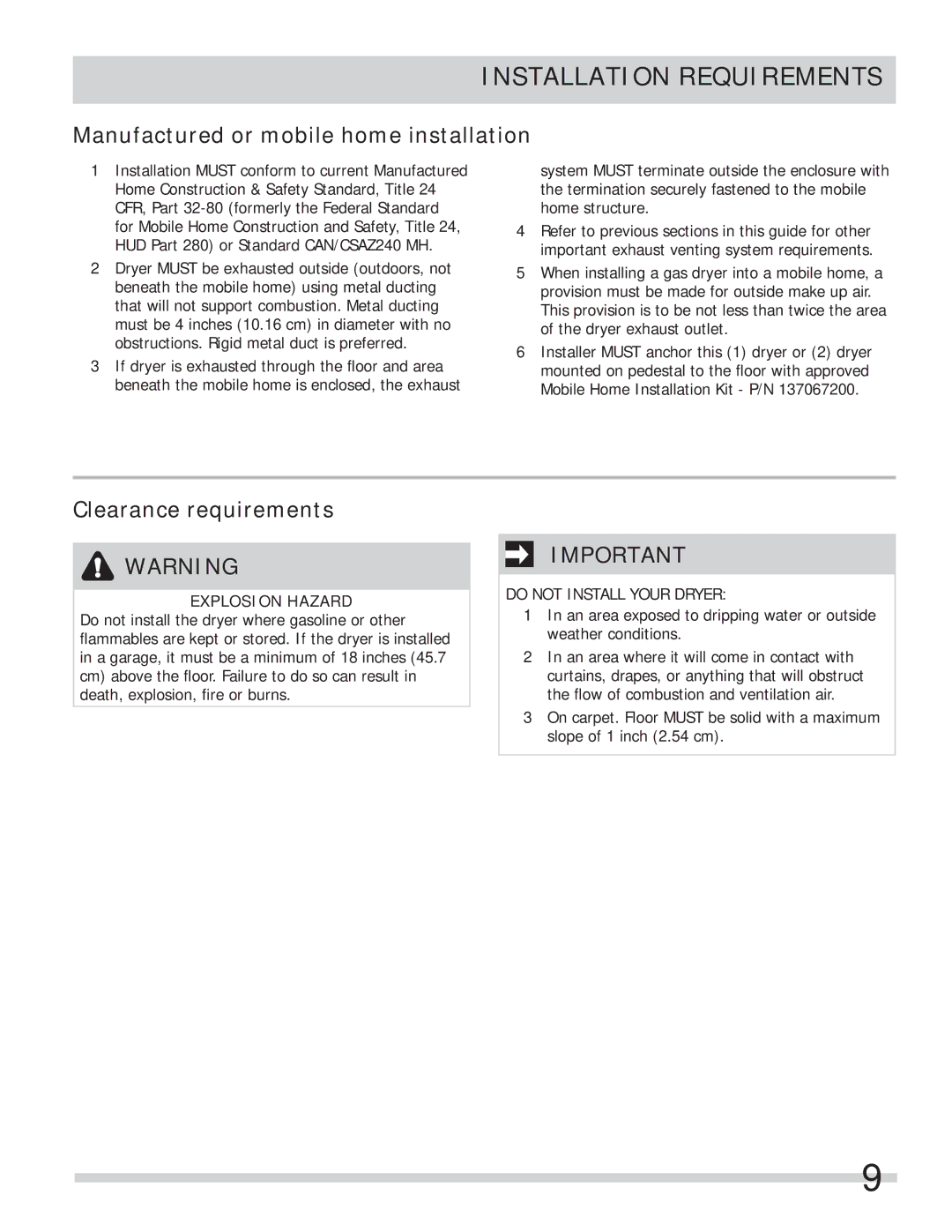 Frigidaire 137134900B Manufactured or mobile home installation, Clearance requirements, Explosion Hazard 