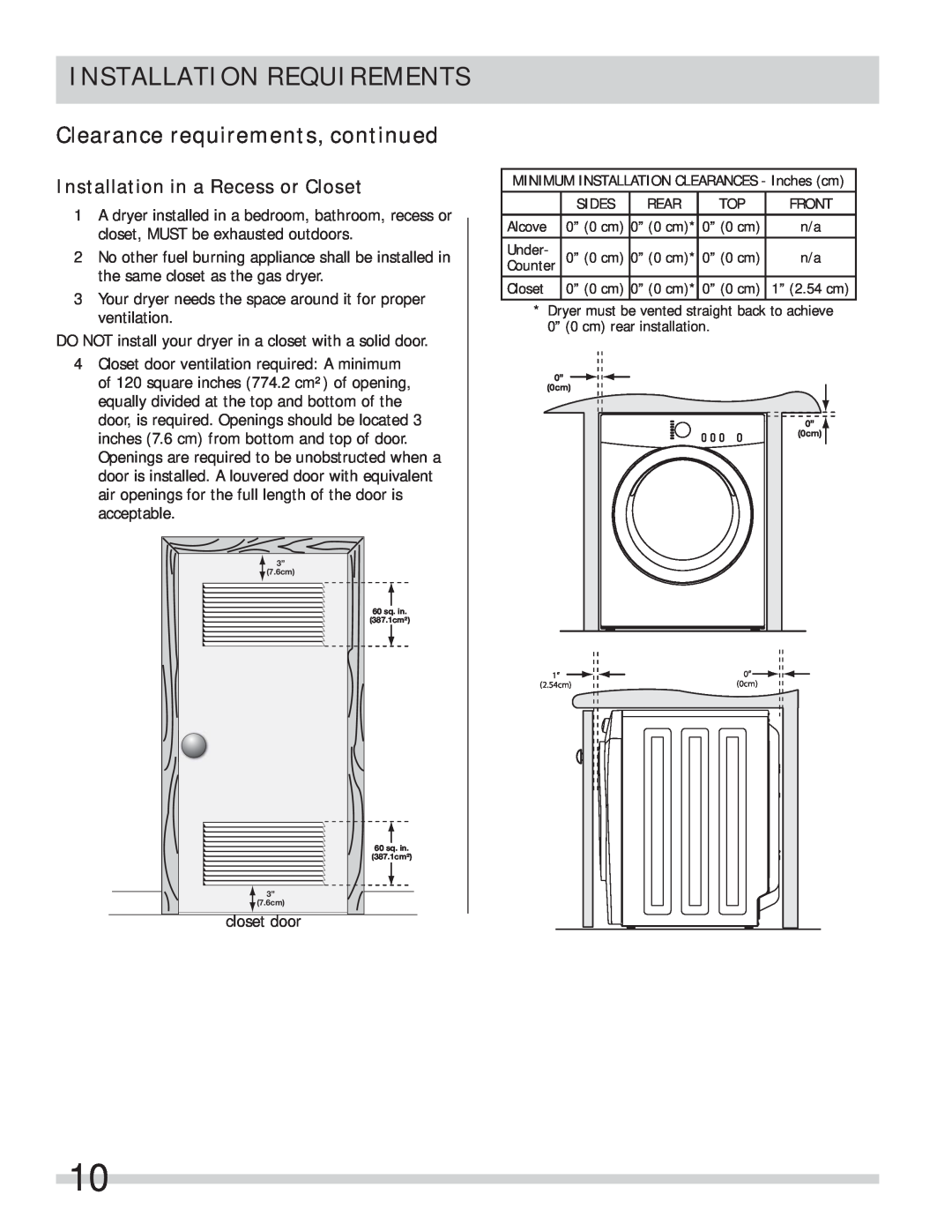 Frigidaire 137134900B Clearance requirements, continued, Installation in a Recess or Closet, Installation Requirements 